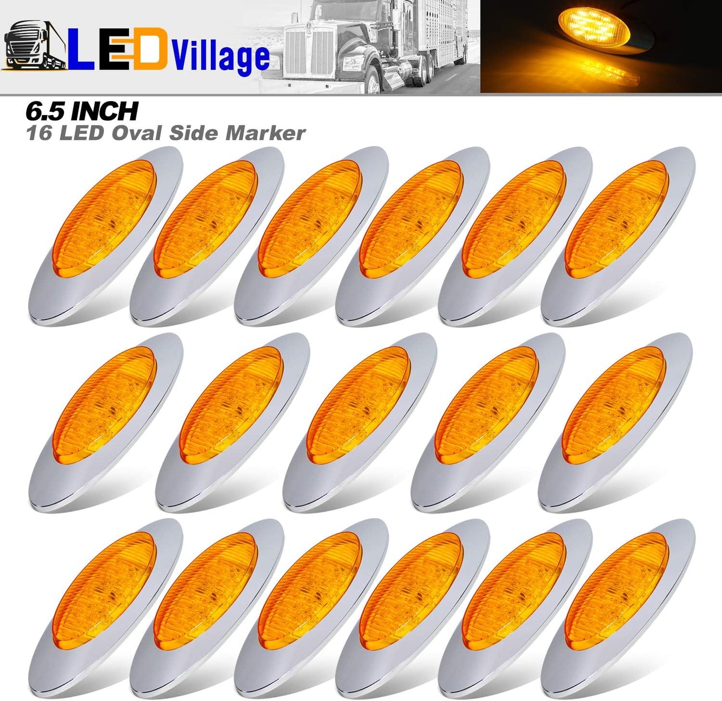 17 Luces LED Ámbar 6.5" Bisel Cromado 12V Camión