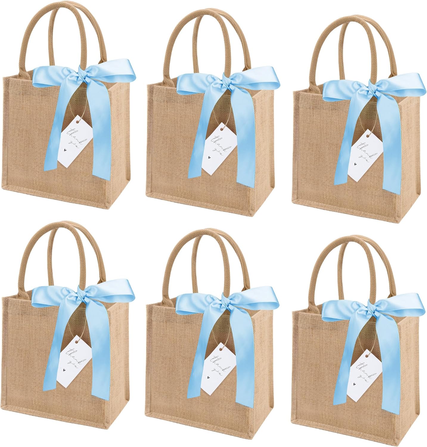 6 Pzas Bolsas Arpillera con Asas Reutiliz. Cinta Seda Azul