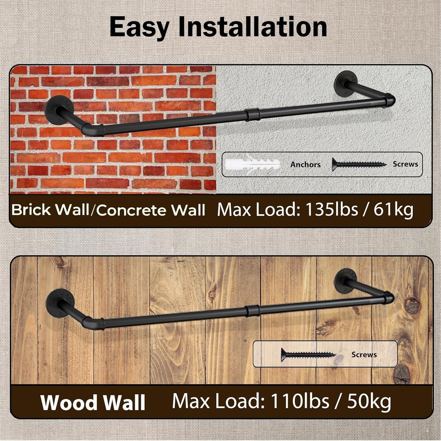 Perchero pared 80cm tubo hierro resistente multiusos