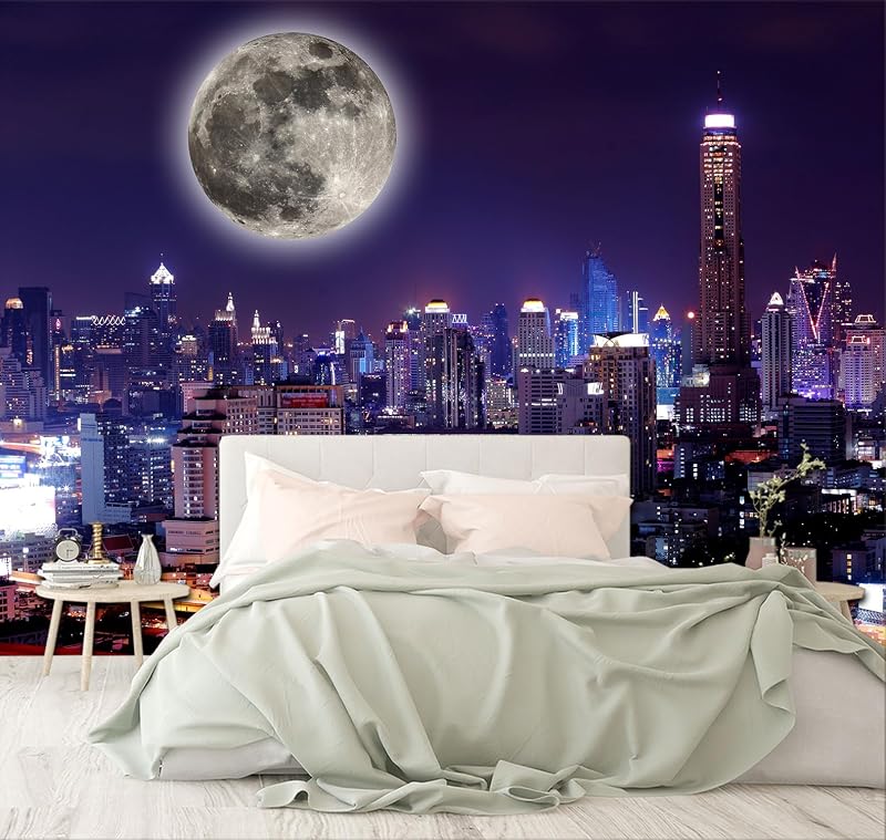 Papel tapiz tela vista nocturna ciudad luna 88x59"