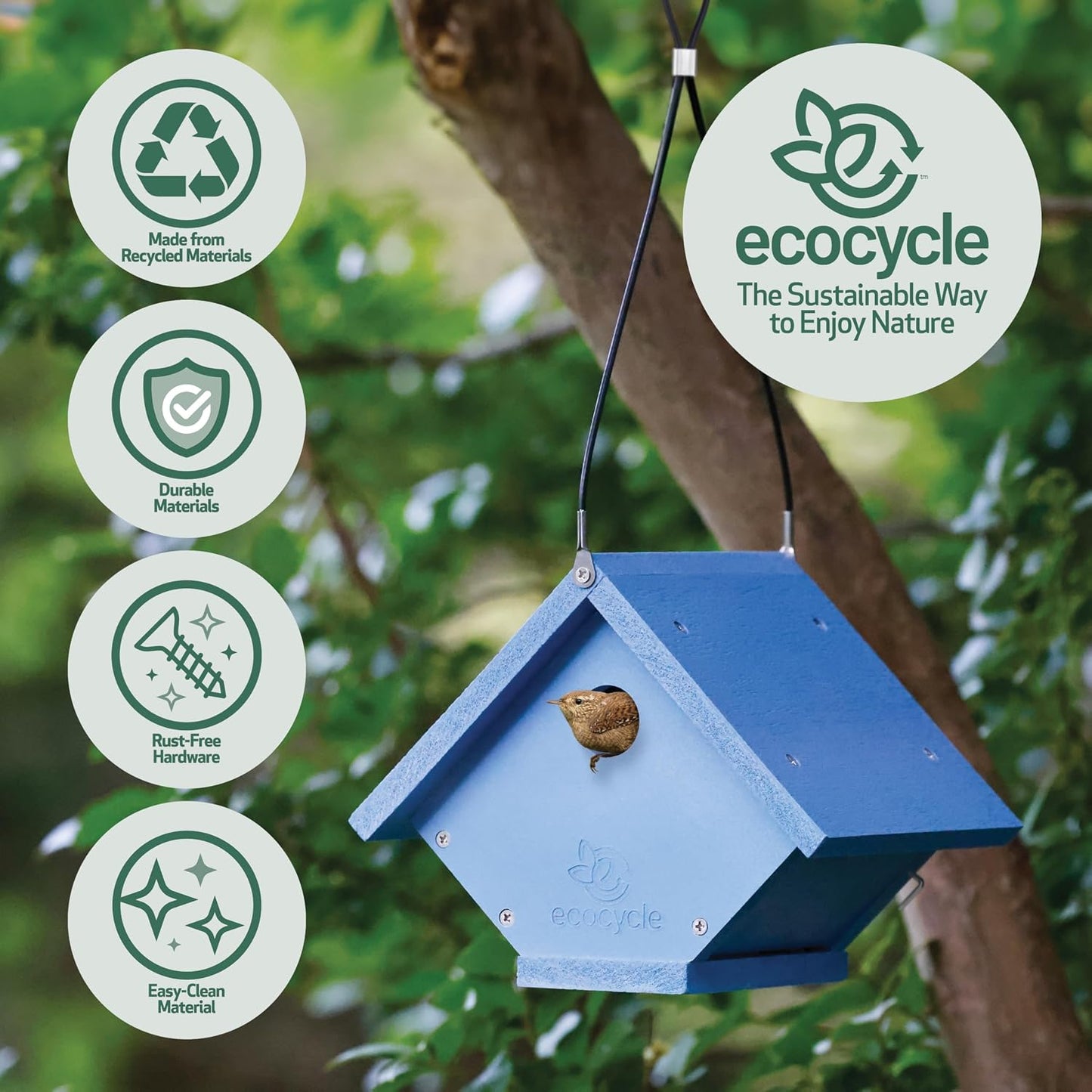 Casa pájaros plástico reciclado puerta limpia azul