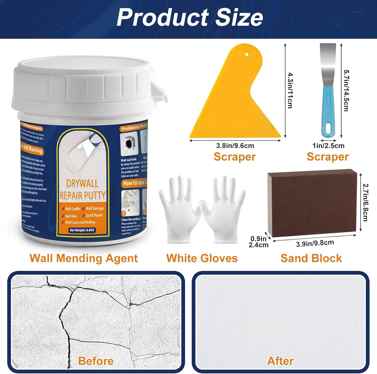Kit reparación pared yeso 8.8oz con lijadora y masilla
