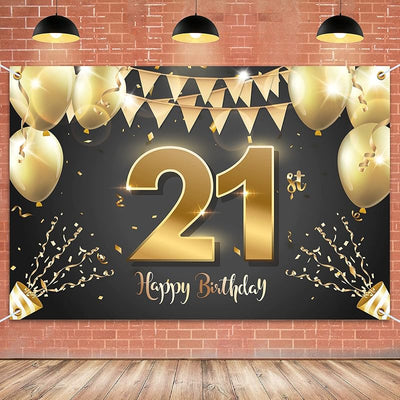 Fondo pancarta feliz cumpleaños 21 6x4ft negro y dorado