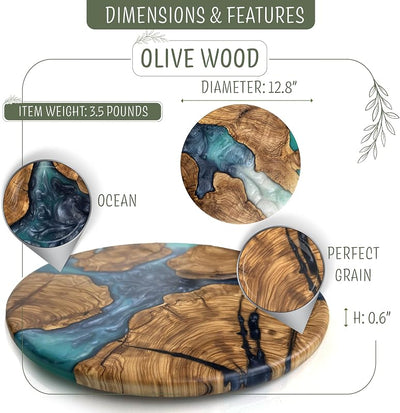 Tabla redonda madera olivo con arte resina azul