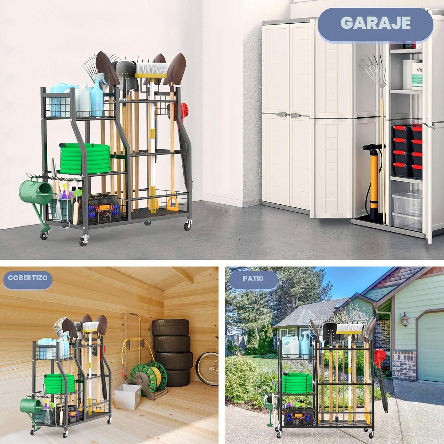 Organiz. herramientas jardín con ruedas gran capacidad