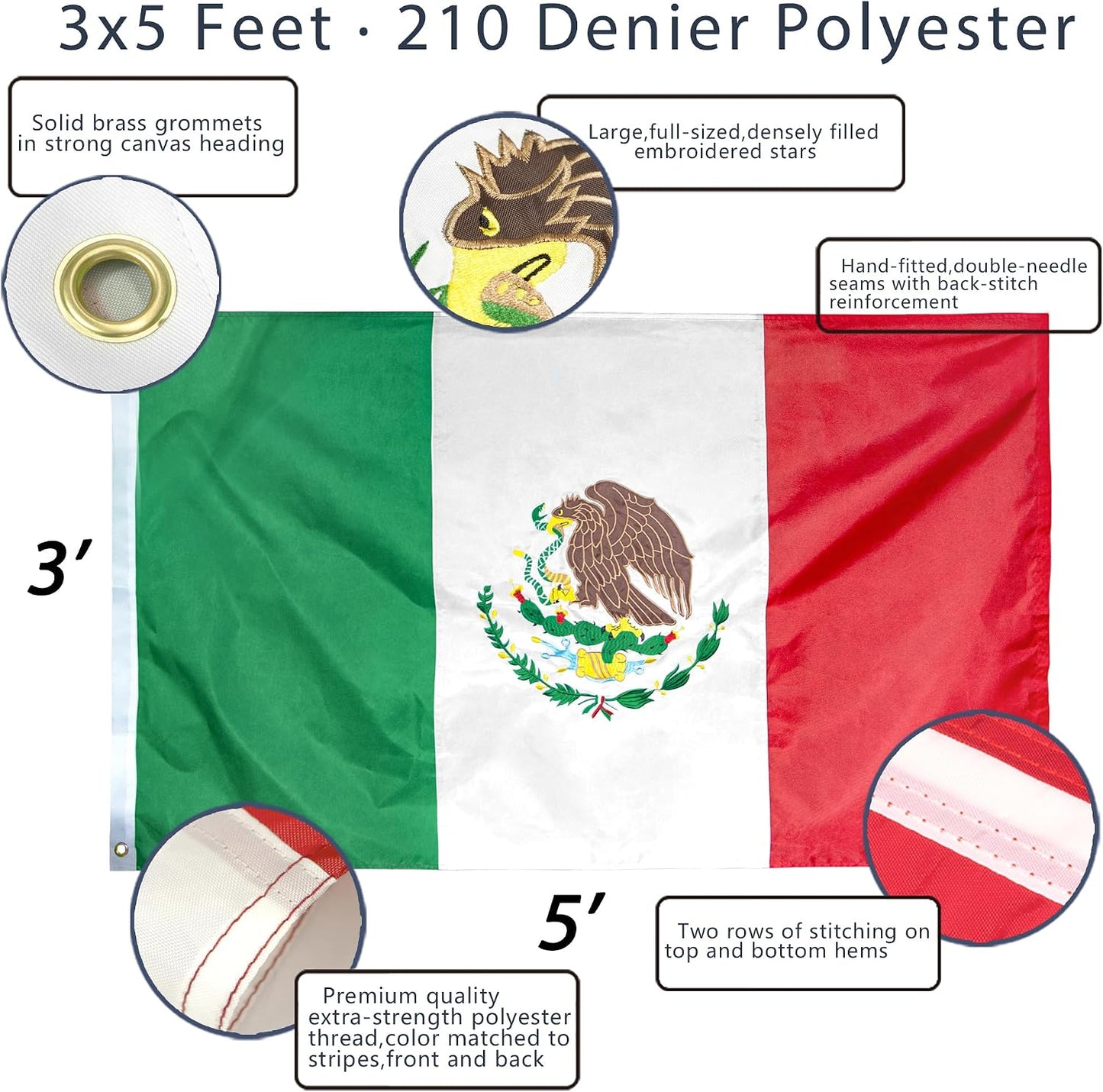 Bandera México 3x5ft bordada lona resistente ojales latón