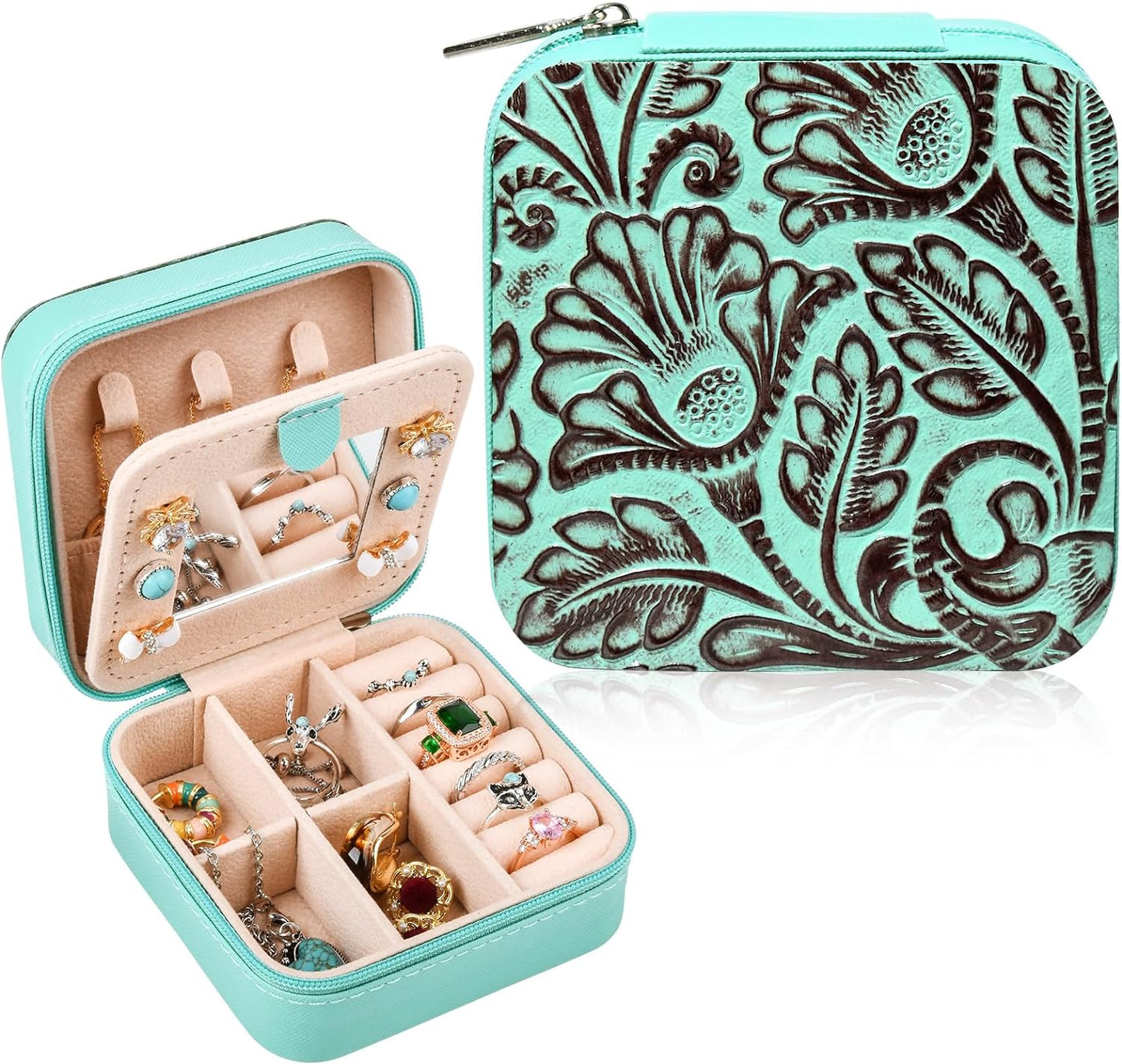 Caja joyero cuero genuino relieve turquesa marrón