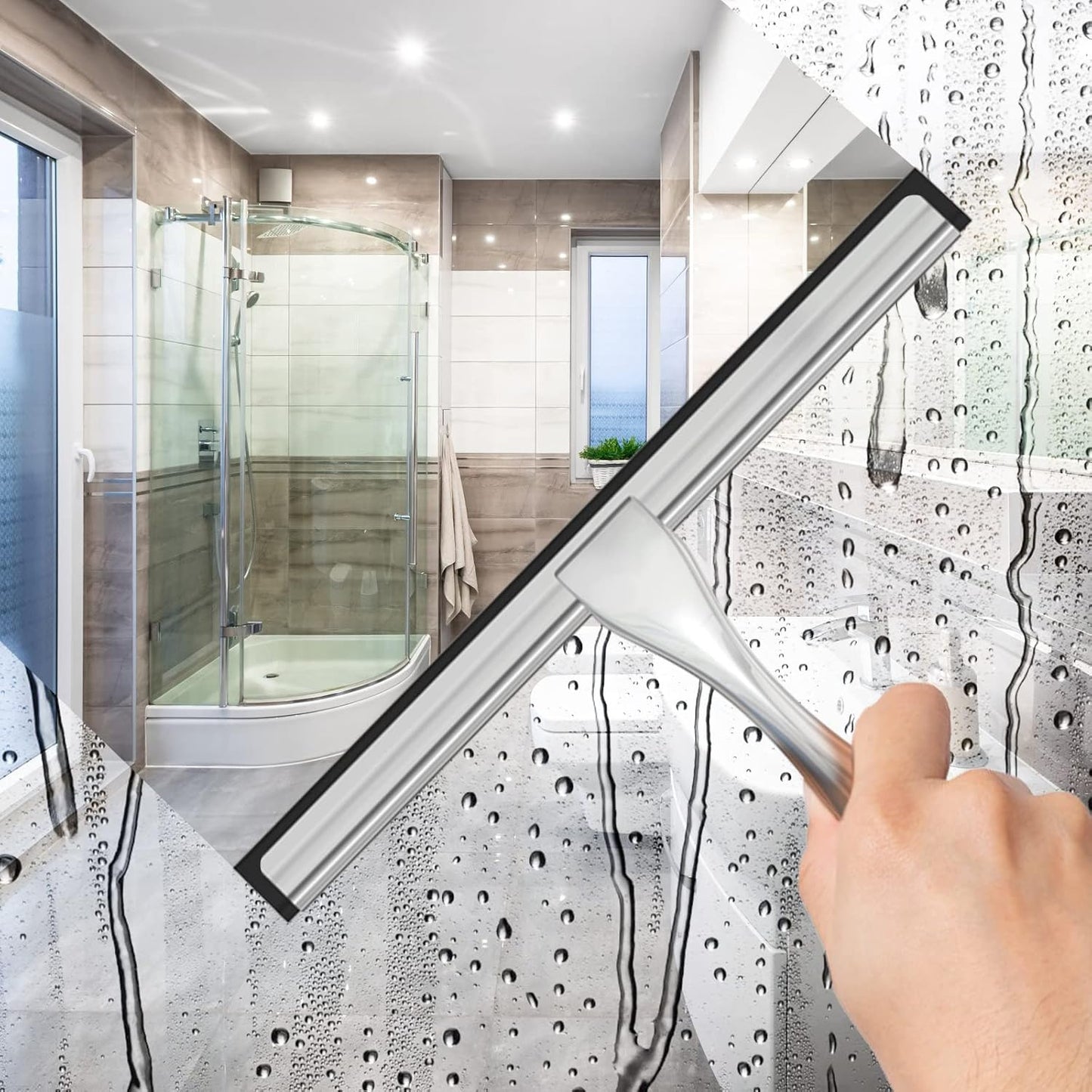Escobilla ducha acero inox puerta vidrio 2 ganchos
