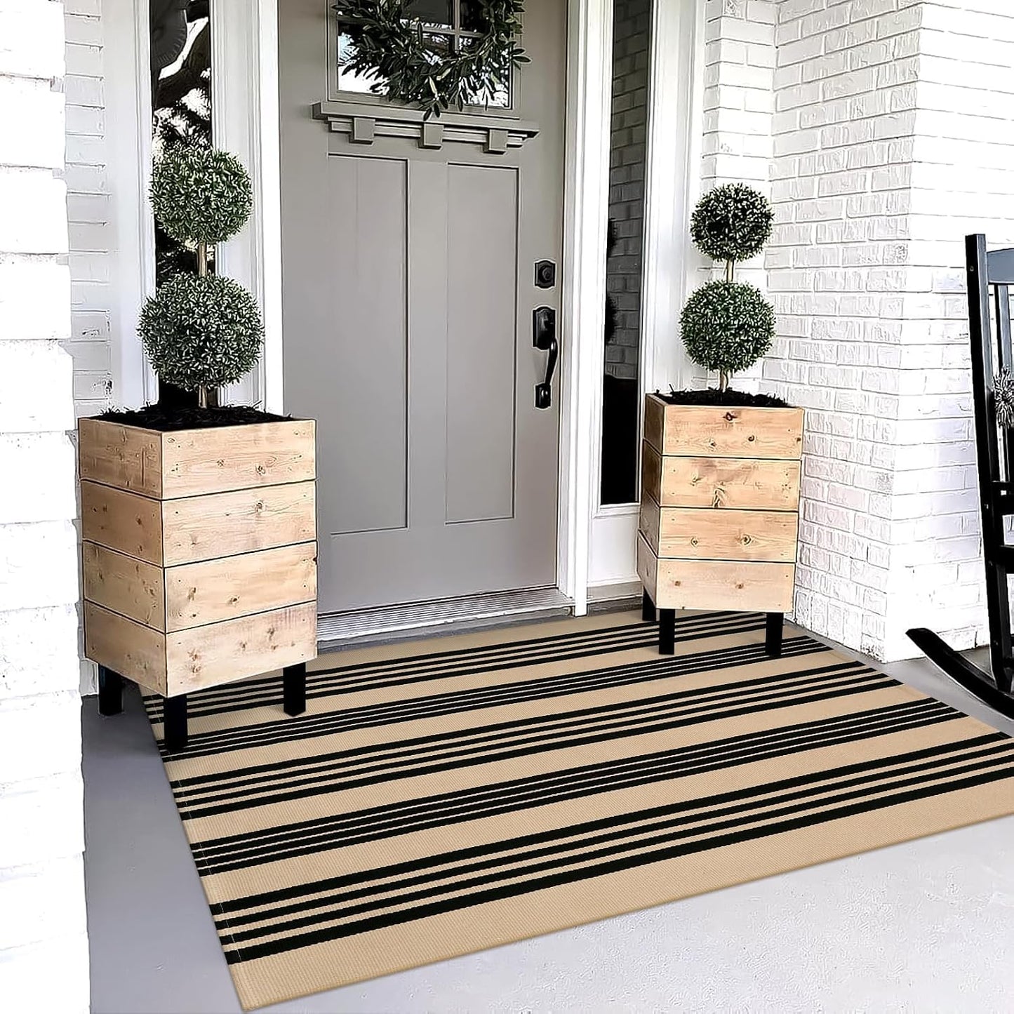 Tapete Navidad algodón tejido 3x5ft negro y café rayas