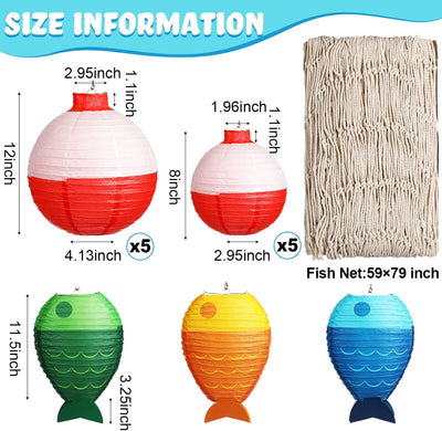 17 Pzas Decoración Pesca 3 Linternas Pez 10 Linternas Papel 3 Led