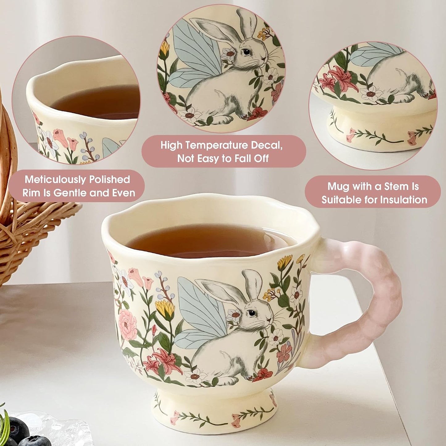 Taza cerámica diseño conejo 13oz con asa regalo kawaii pascua