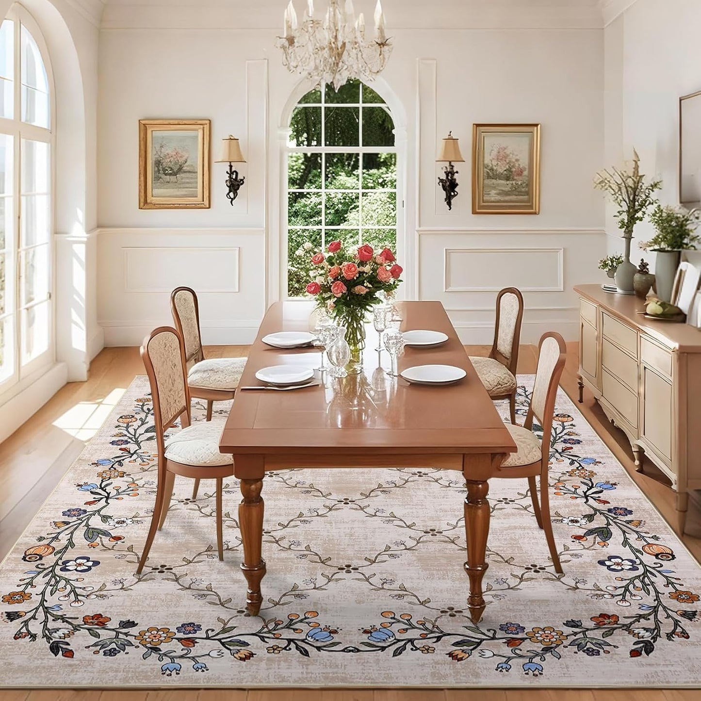 Alfombra floral 5x7pulg beige antiderrap interiores