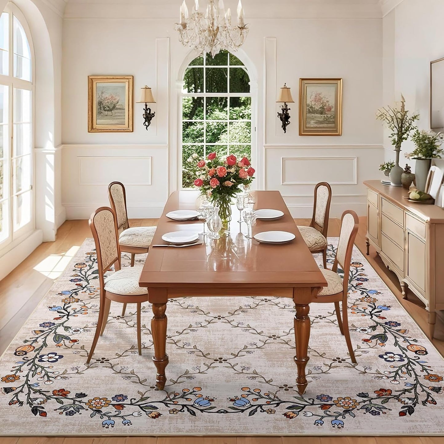 Alfombra floral lavable 4x6ft sala dormitorio antiderrap