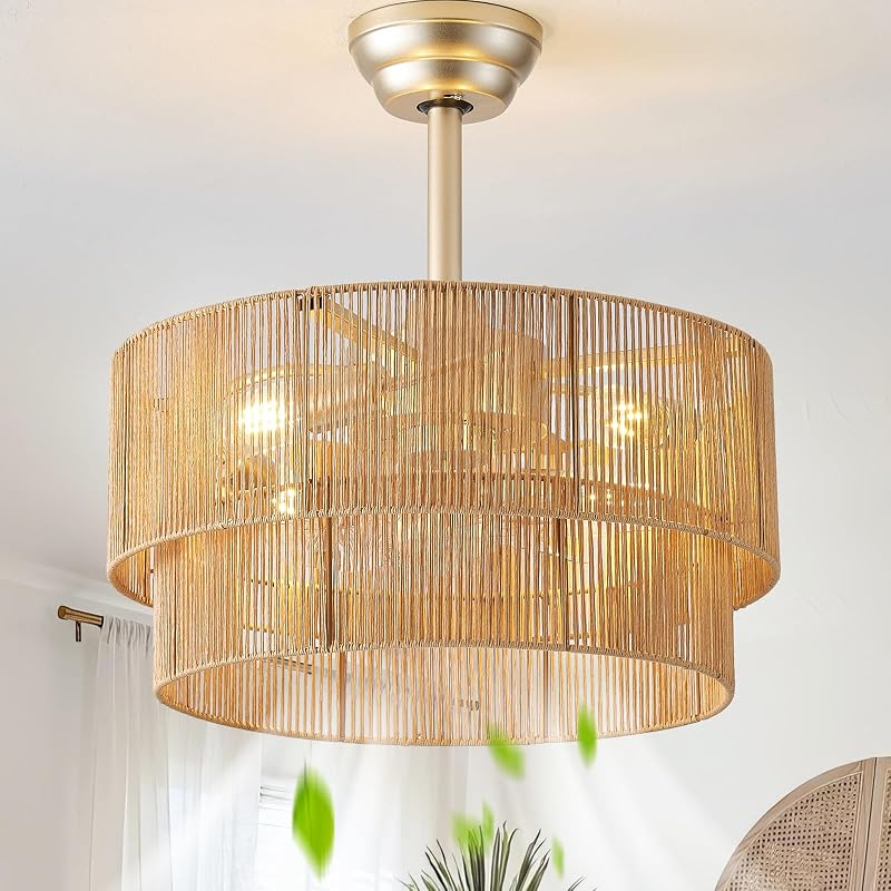 Ventilador techo boho 20pulg candelabro ratán luz 6