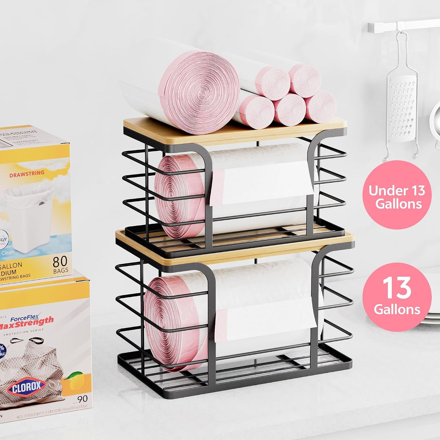2 Pack Organiz. Apilables Bambú Dispensador Bolsas Basura