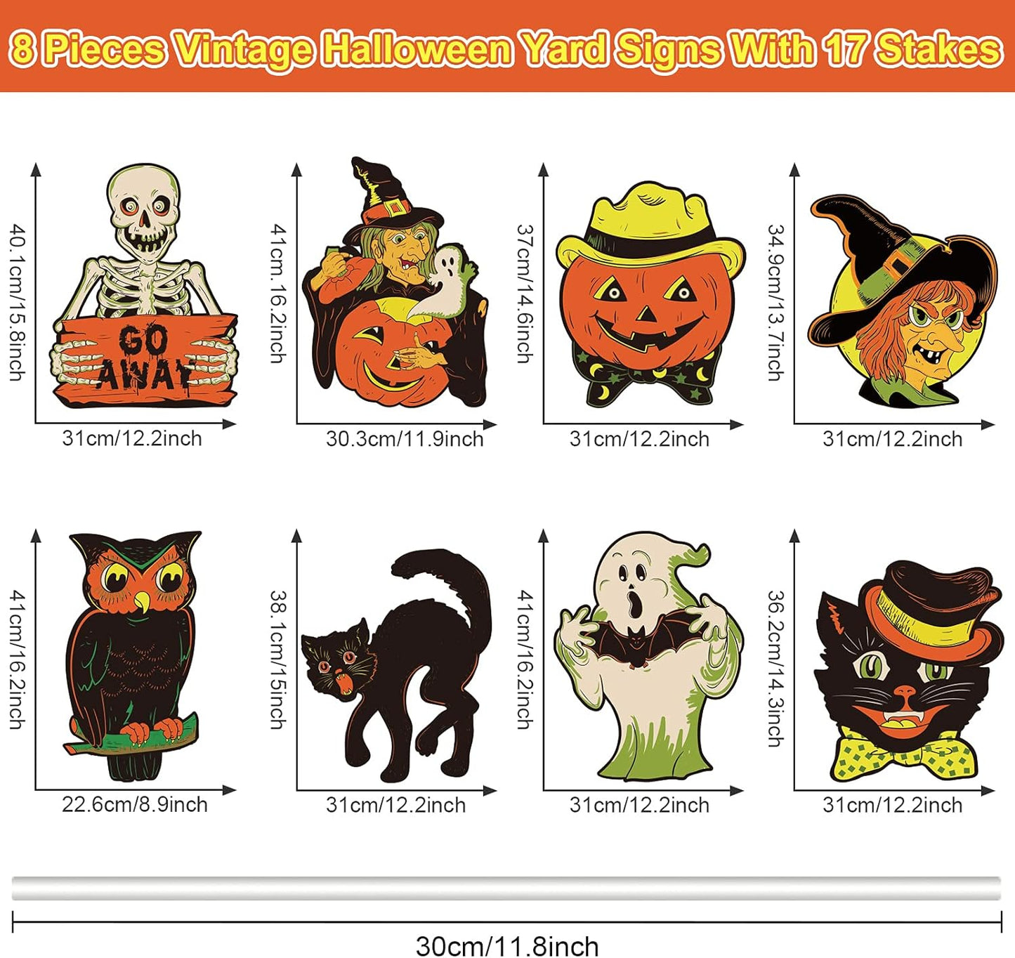 8 Carteles Halloween Plástico Corrugado Bruja Gato Calabaza
