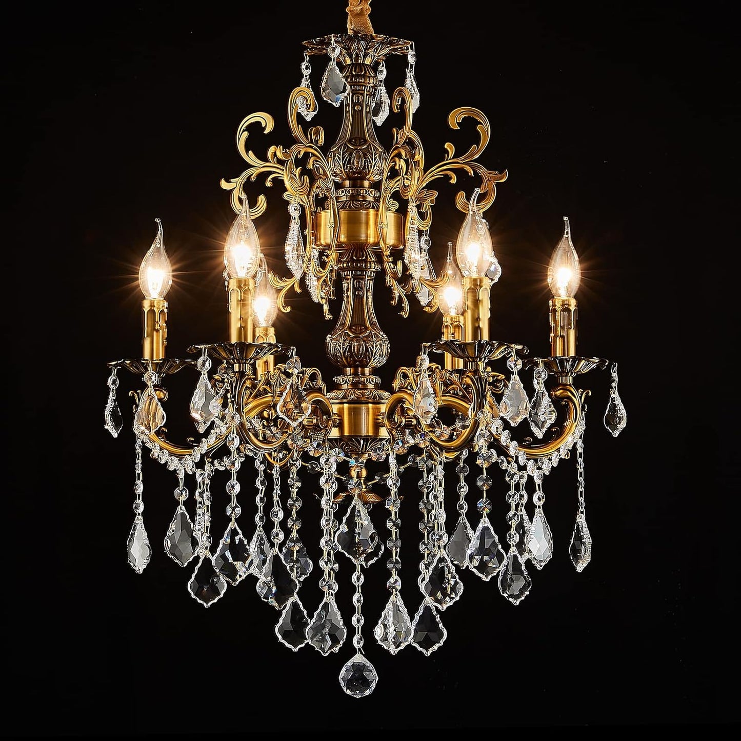 Candelabro cristal 6 luces estilo vela dorado antiguo
