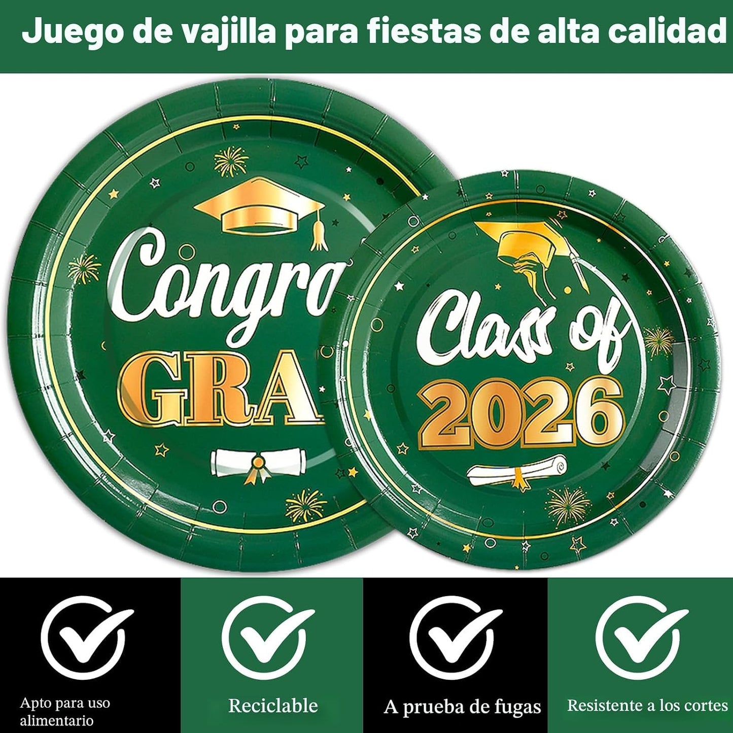 Platos y servilletas graduación 2026 verdes y doradas sirve