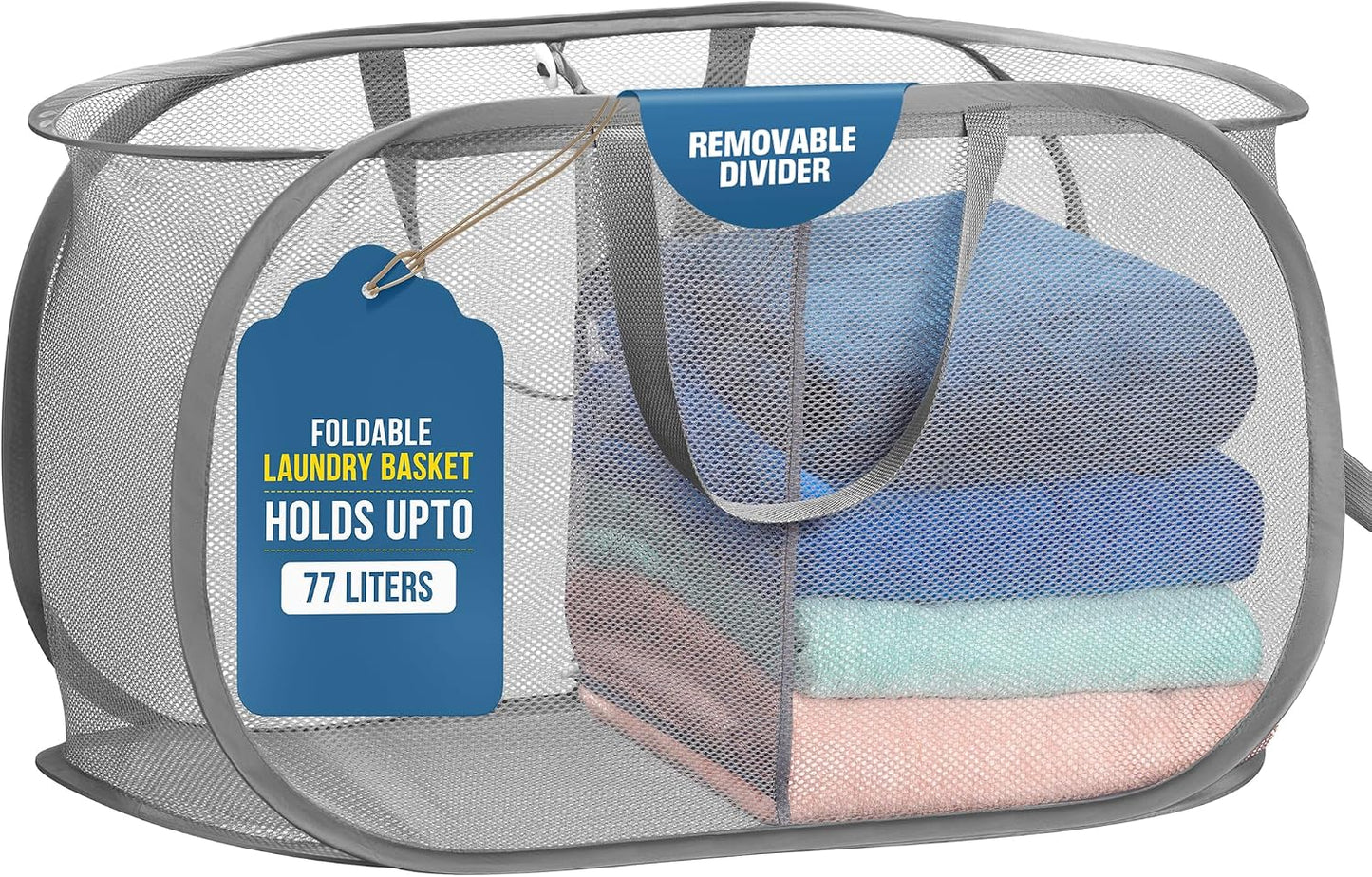 Cesta plegable lavandería con 2 compartimentos asas gris