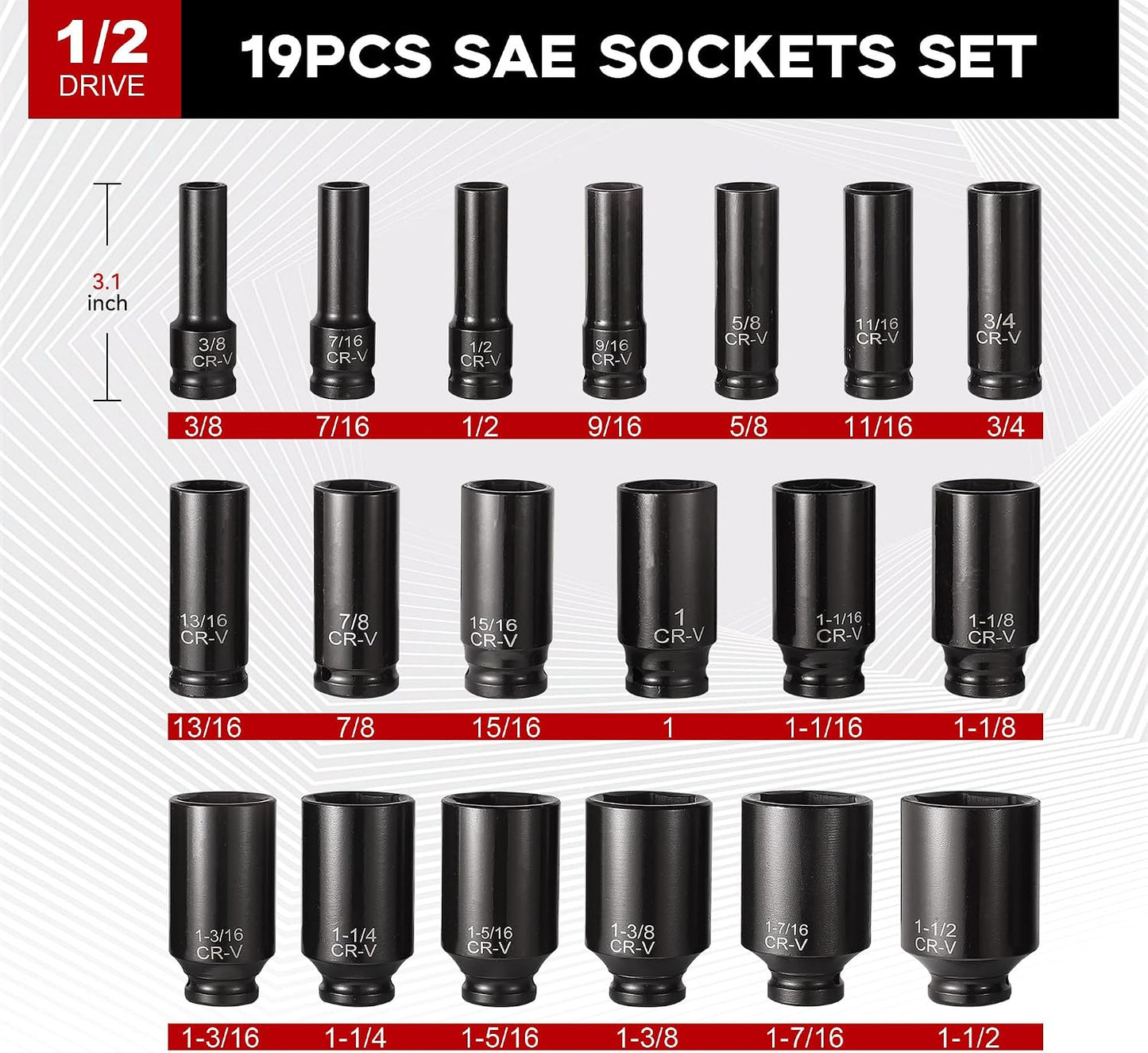 Set 25 Pzas Zócalos 1/2 SAE 3/8-1-1/2 Profundos