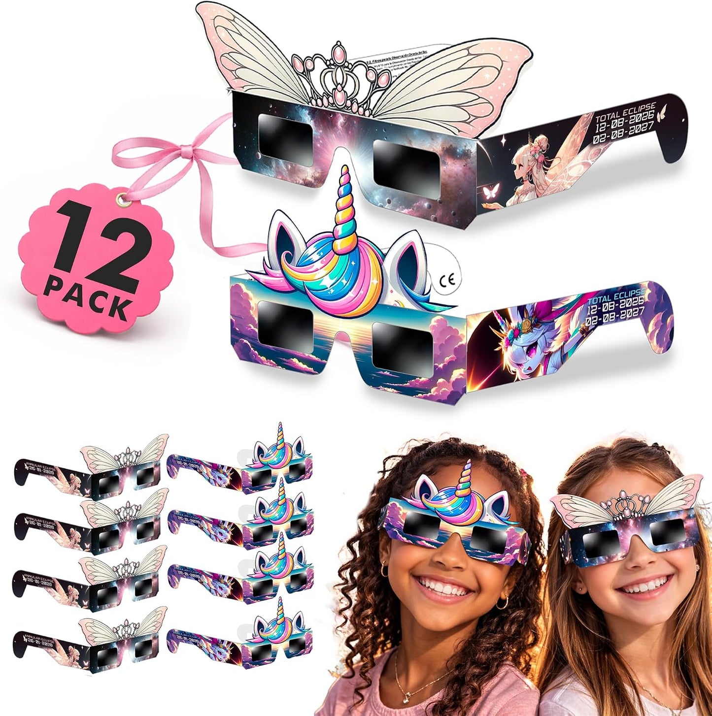 Gafas eclipse solar para niños 12 pzas unicornio y princesa CE