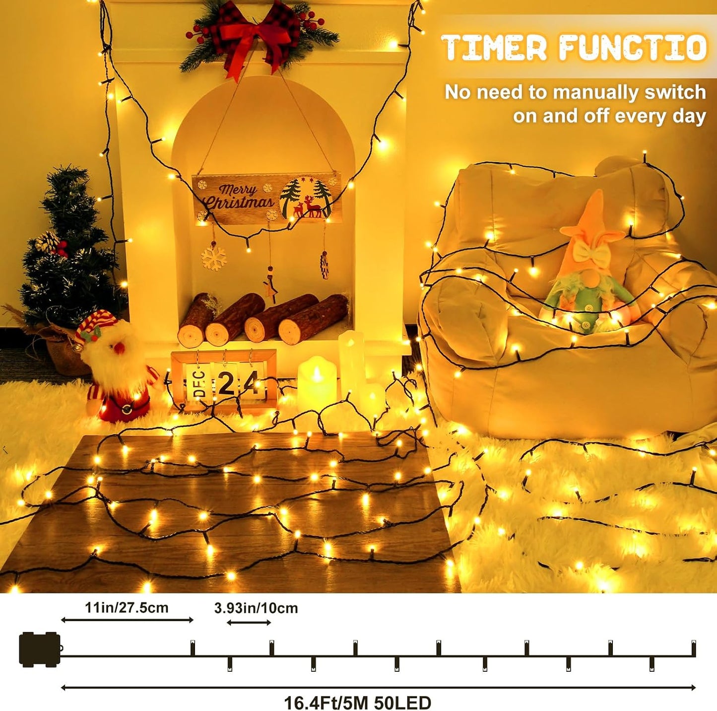 Tira luces Navidad exteriores 100 LED 33pies 8 modos