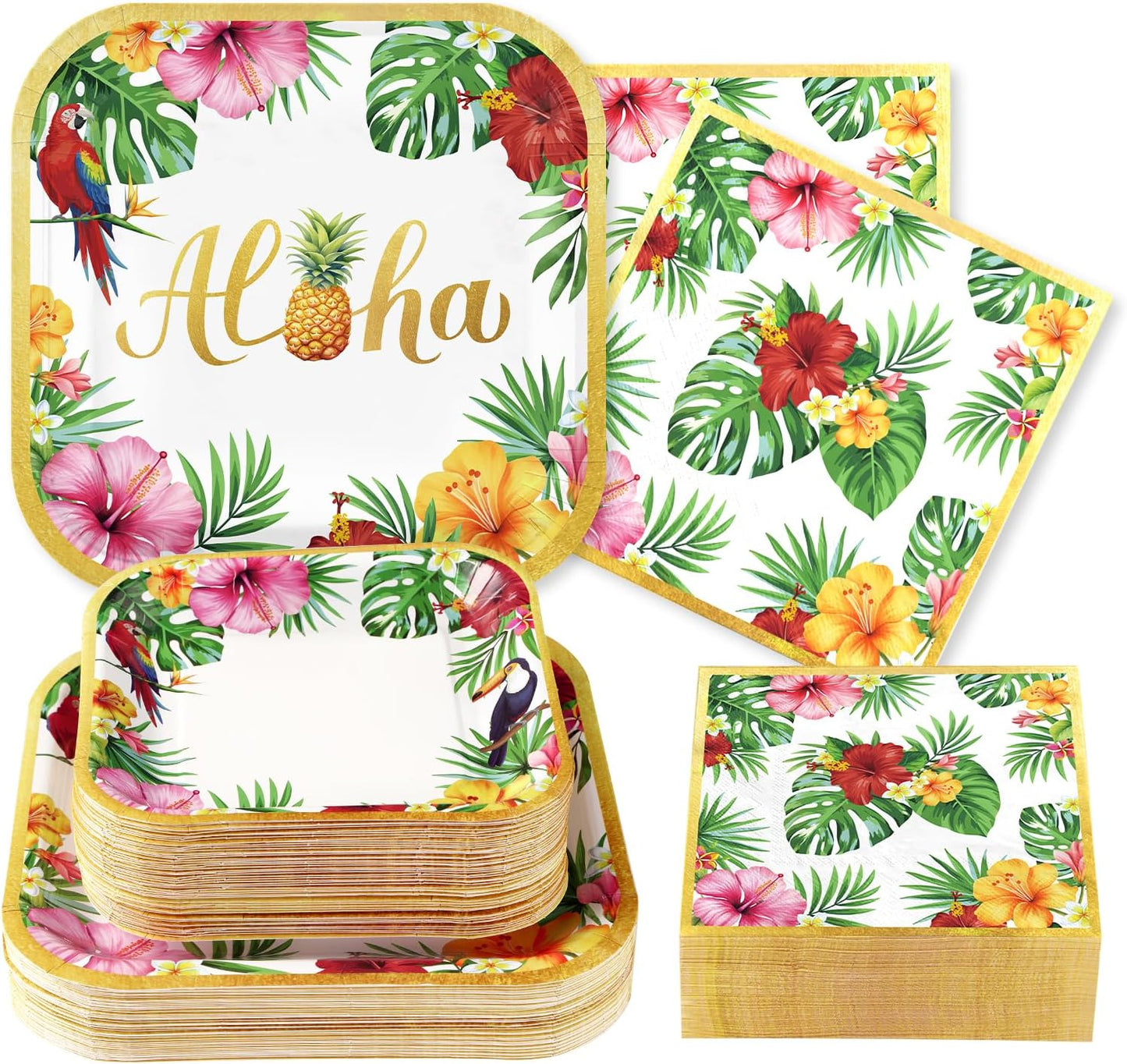 Set 200 platos servilletas hojas palmera hawaiana para fiestas