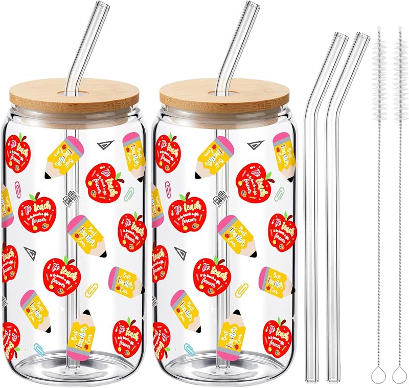 Set 2 Vasos Vidrio 16oz con Tapas Bambú Pajita Regalo Profesoras