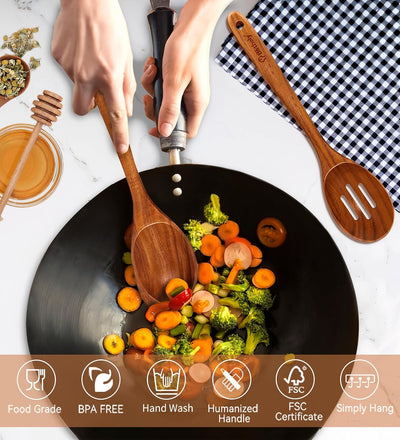 Set 2 Cucharas Madera Teca Antiadherente para Cocinar y Servir