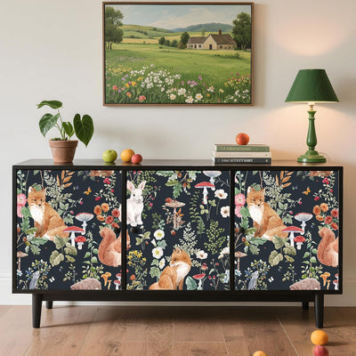 Papel tapiz bosque caprichoso negro adhesivo con animales