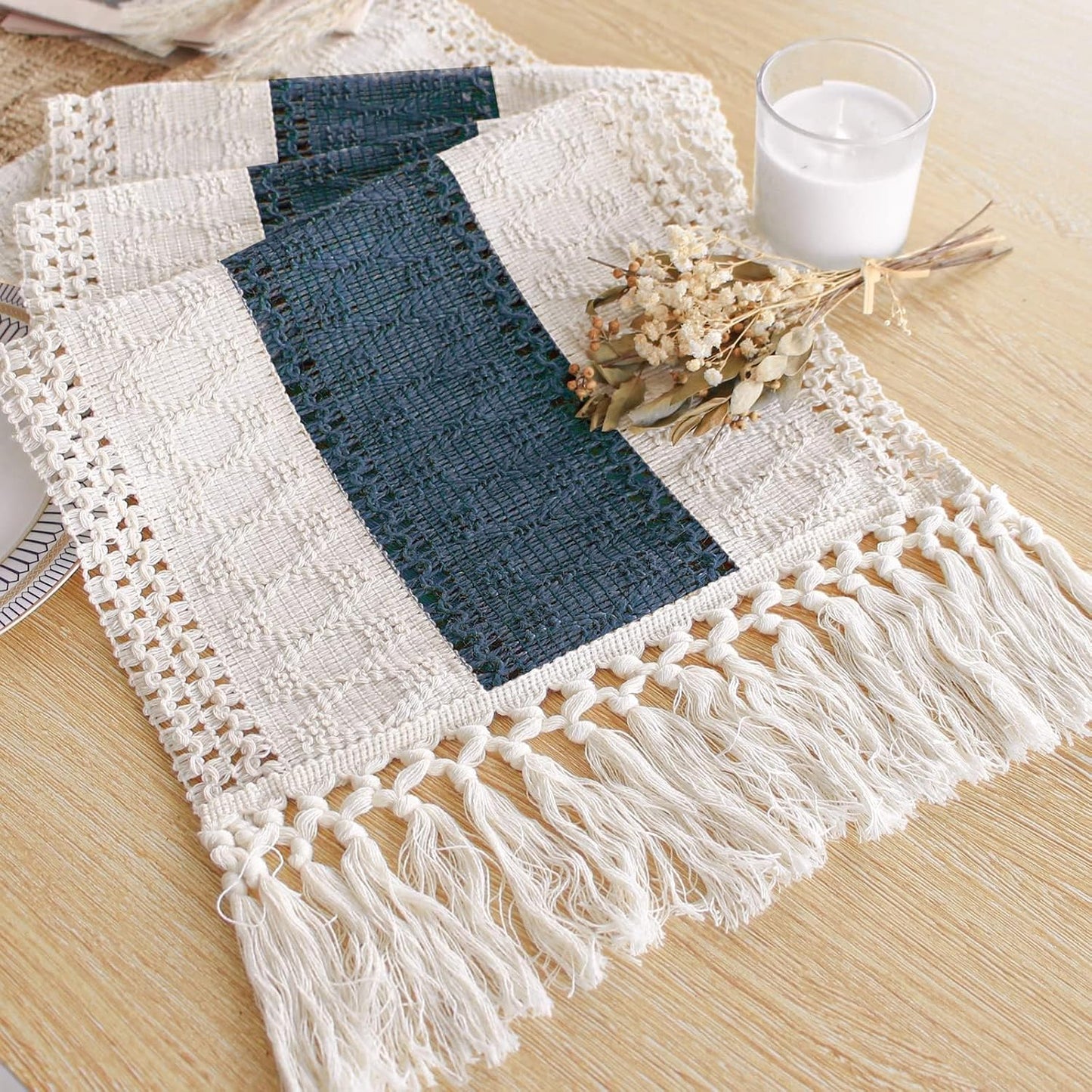 Camino mesa bohemio macramé 72pulg color azul