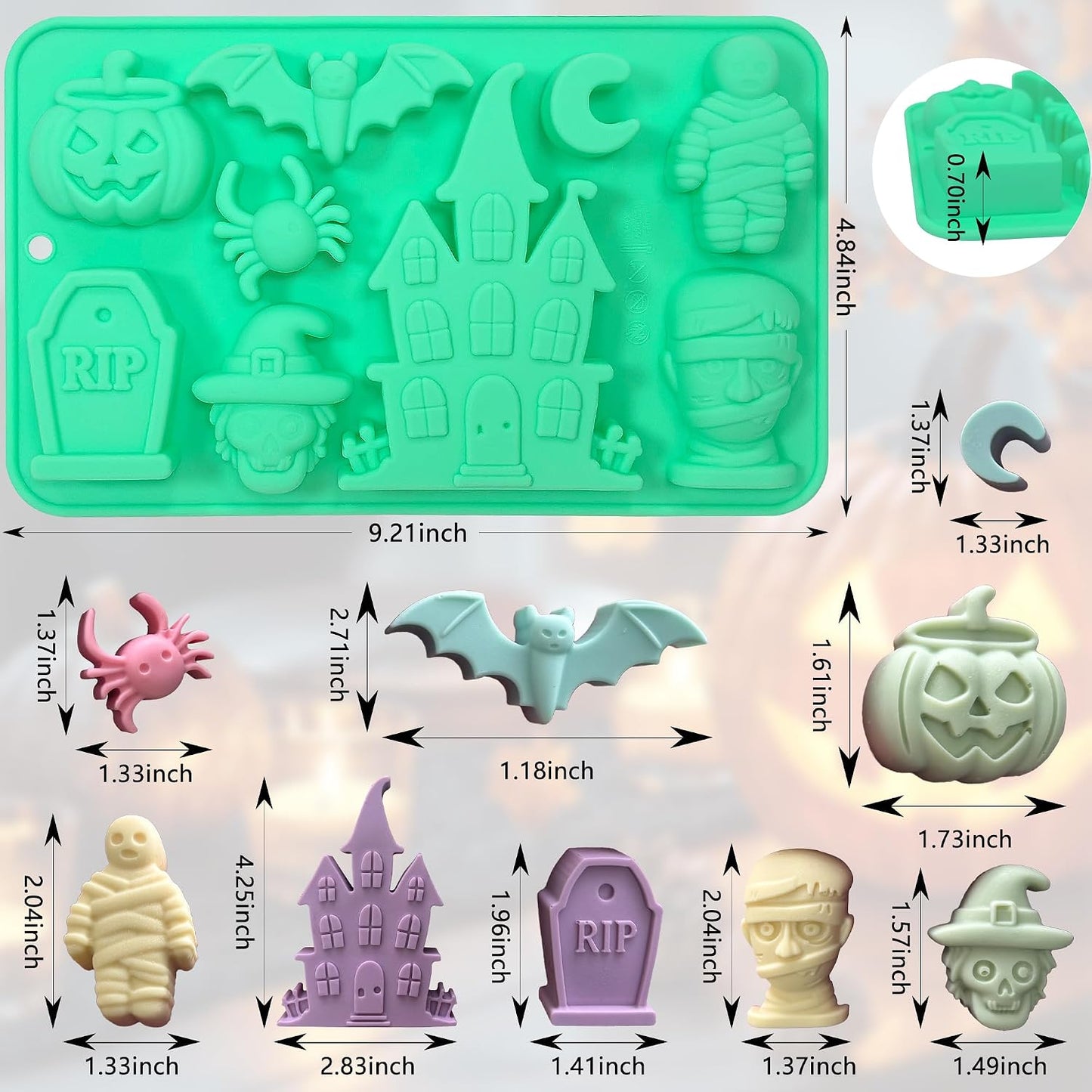 Molde silicona Halloween para gomitas castillo momia