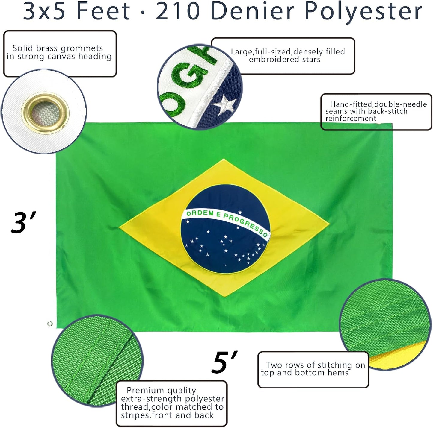 Bandera Brasil bordada 3x5pies lona resistente ojales latón