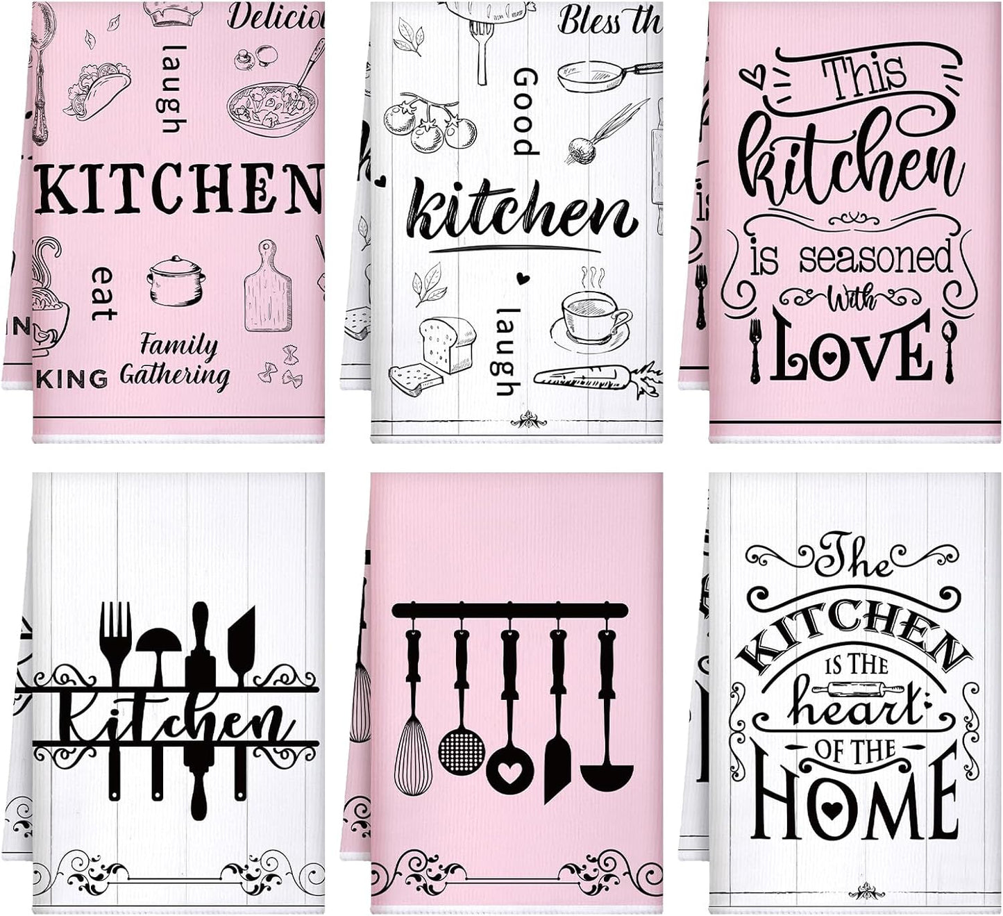 Set 6 toallas cocina vintage reutilizables rosa y blanco