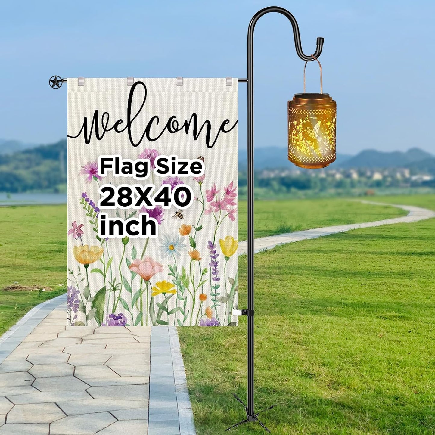 Soporte bandera jardín 28x40pulg poste 62pulg con ganchos
