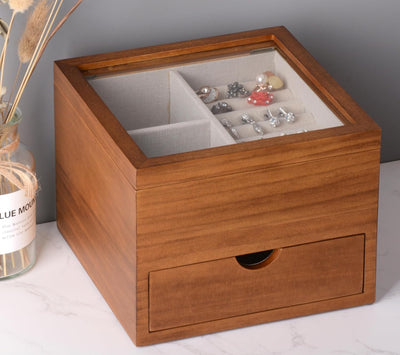 Caja joyas madera maciza 2 capas con tapa vidrio