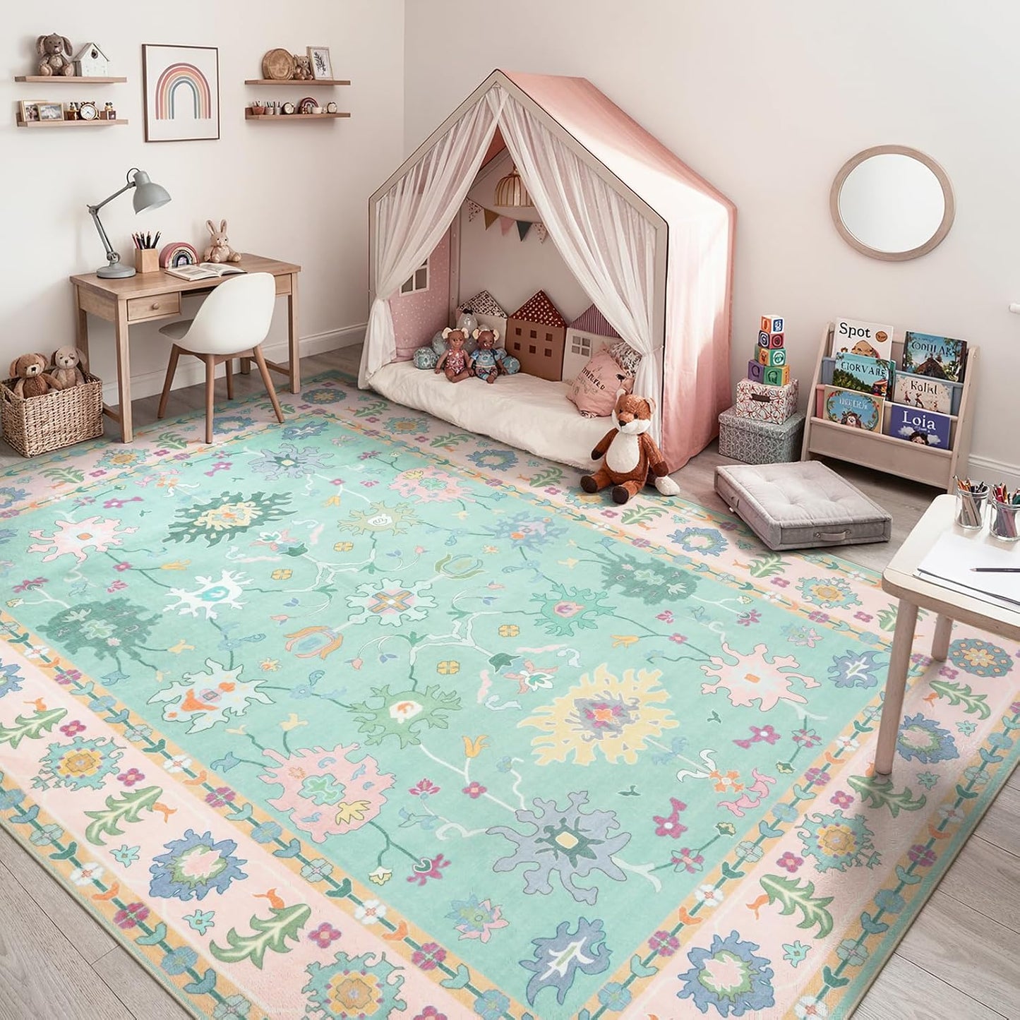 Alfombra Oushak rosa boho 8x10ft dormitorio sala antiderrap