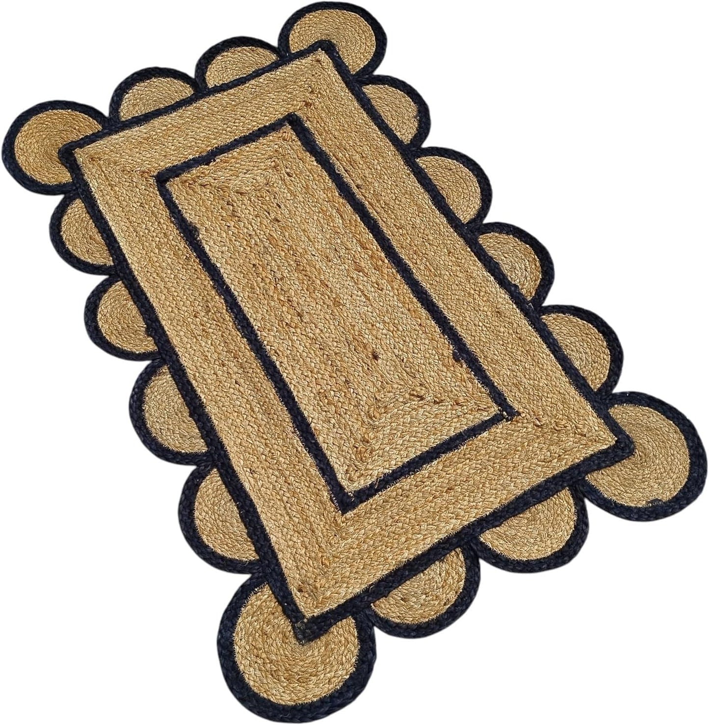 Alfombra yute festoneada tejida a mano ribete negro 2x3ft