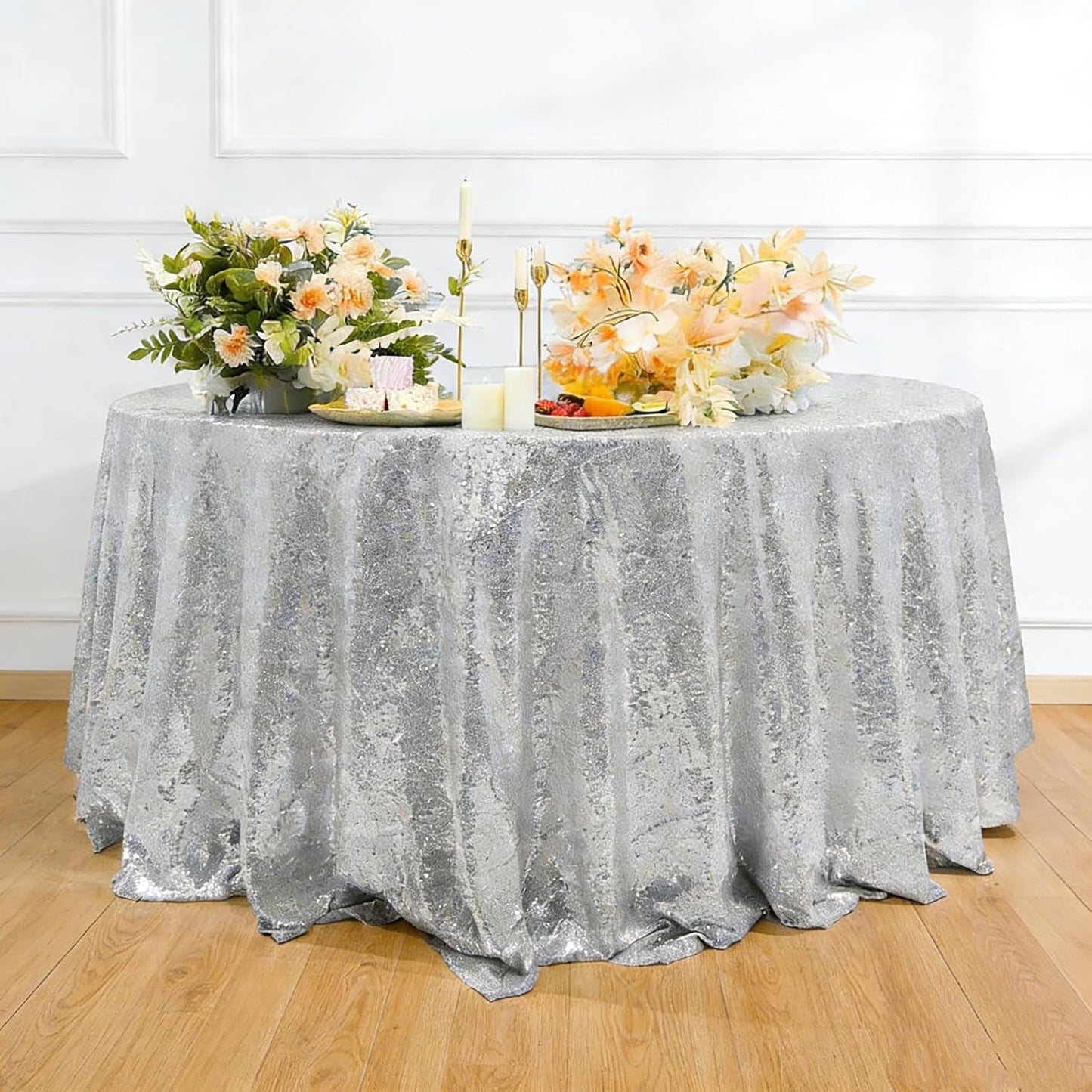Mantel lentejuelas plateadas 120pulg redondo para boda