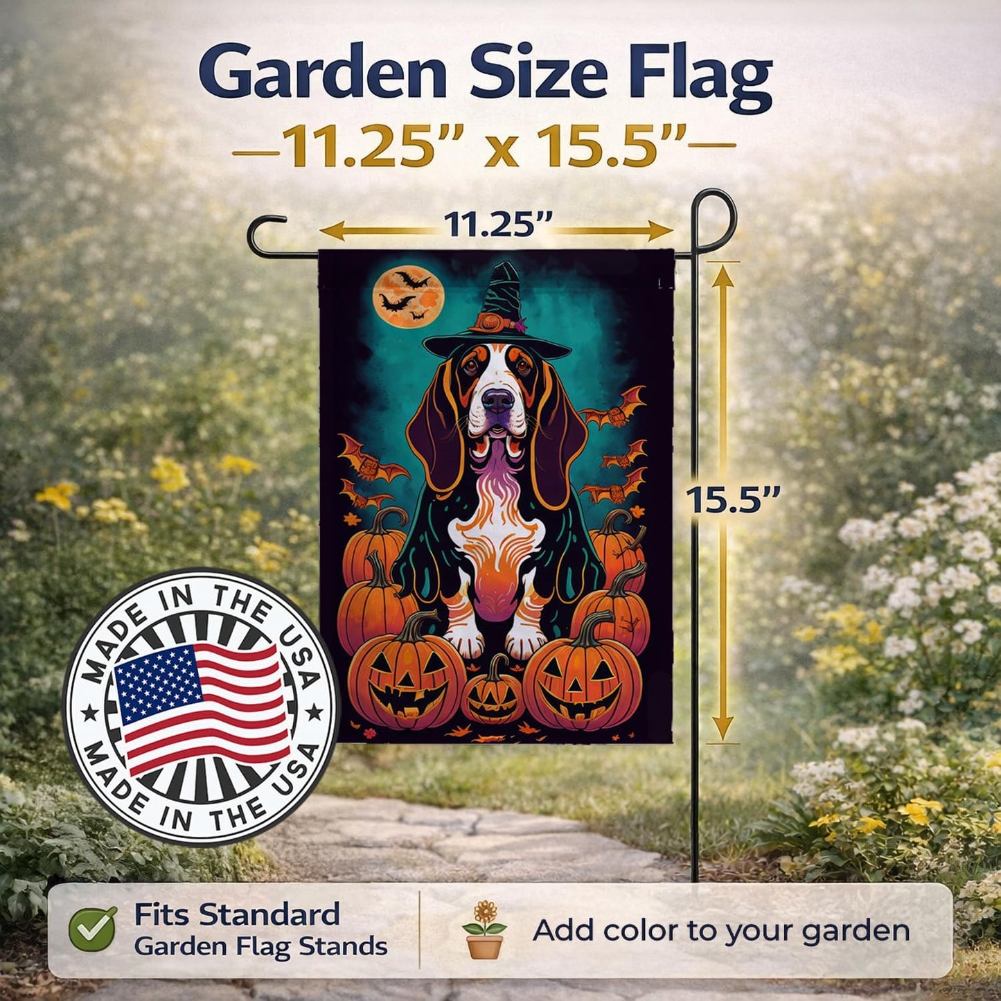 Bandera decorativa Halloween Basset Hound patio multicolor