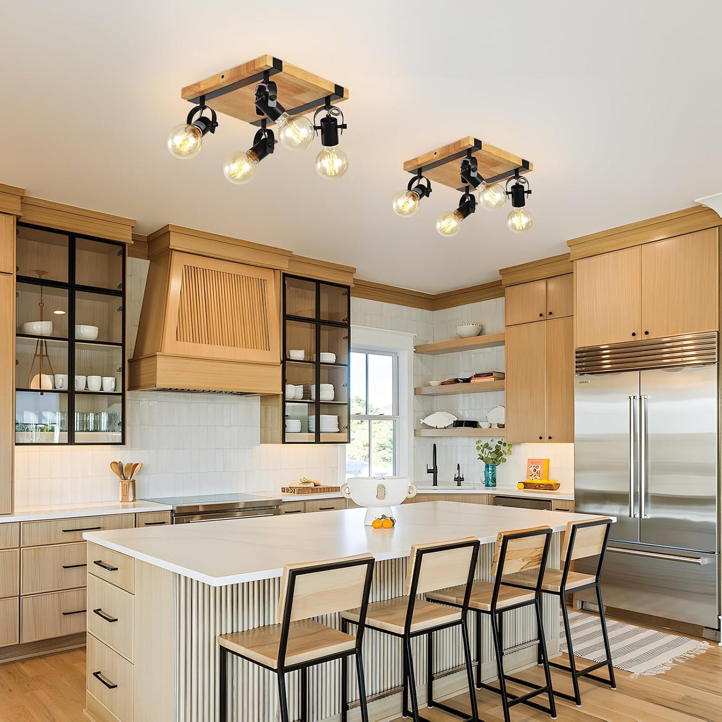 Lámpara techo madera 4 luces rústica cocina baño dormitorio