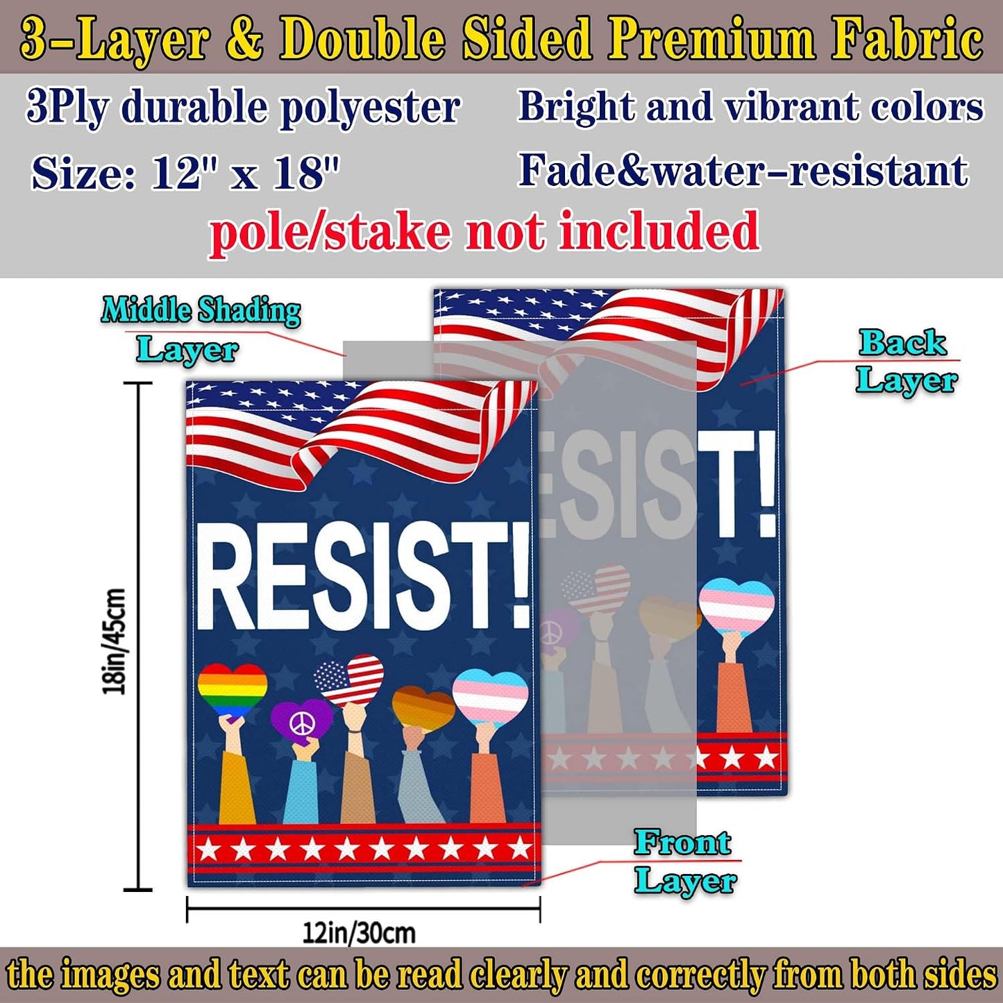 Bandera jardín doble cara 12x18" Resist Pride Ally
