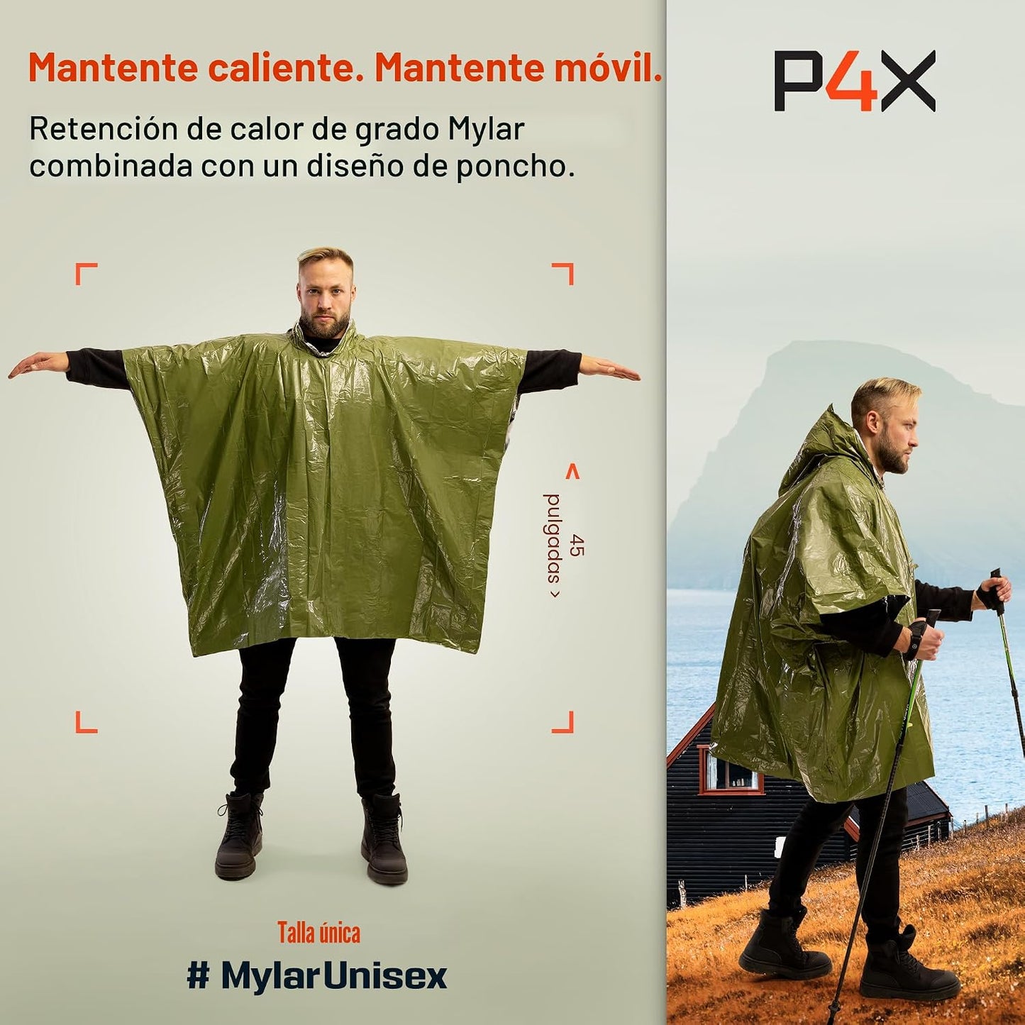 Poncho Mylar con capucha reutiliz. para emergencias camping