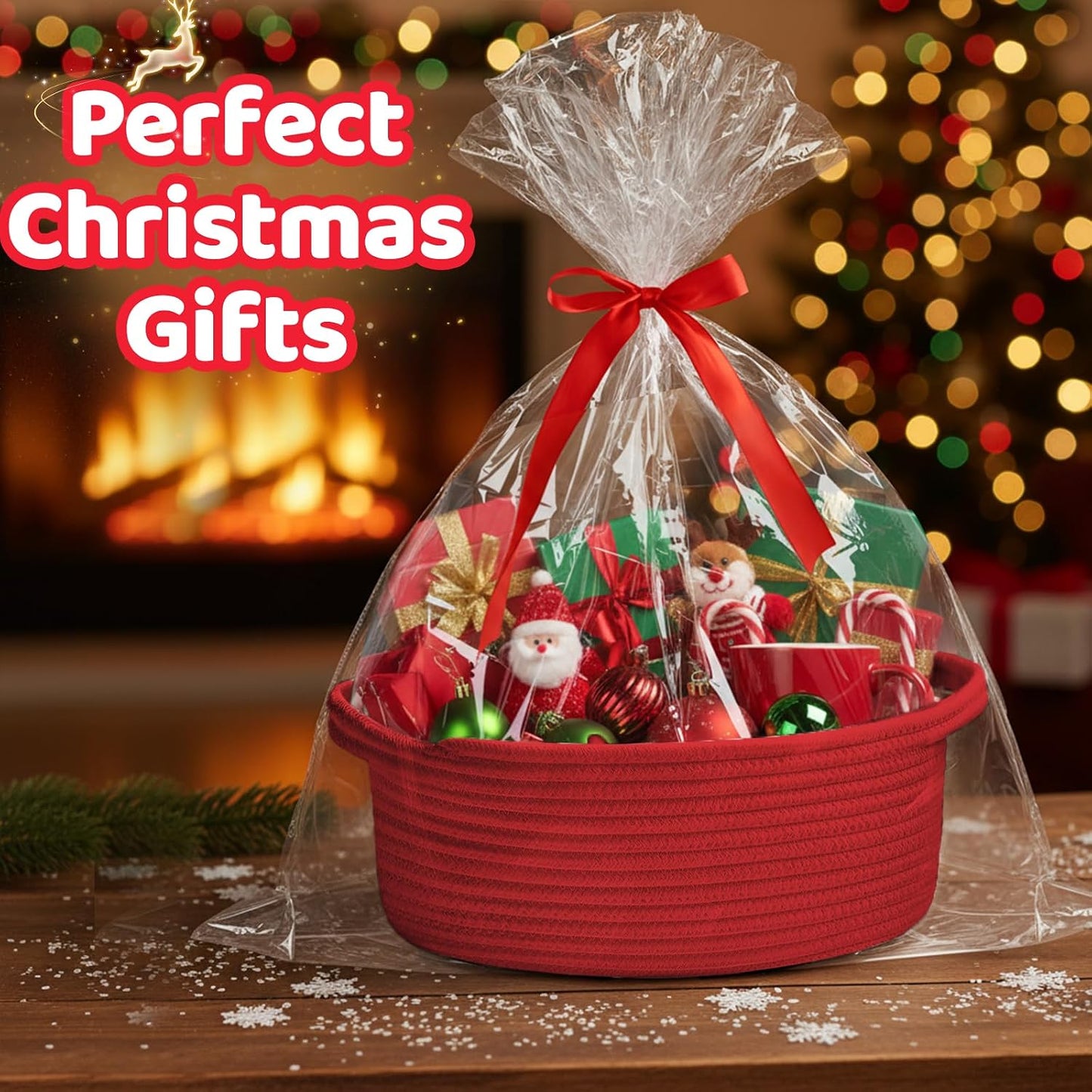 Cesta regalos roja tejida 12x8x5pulg duradera con cintas