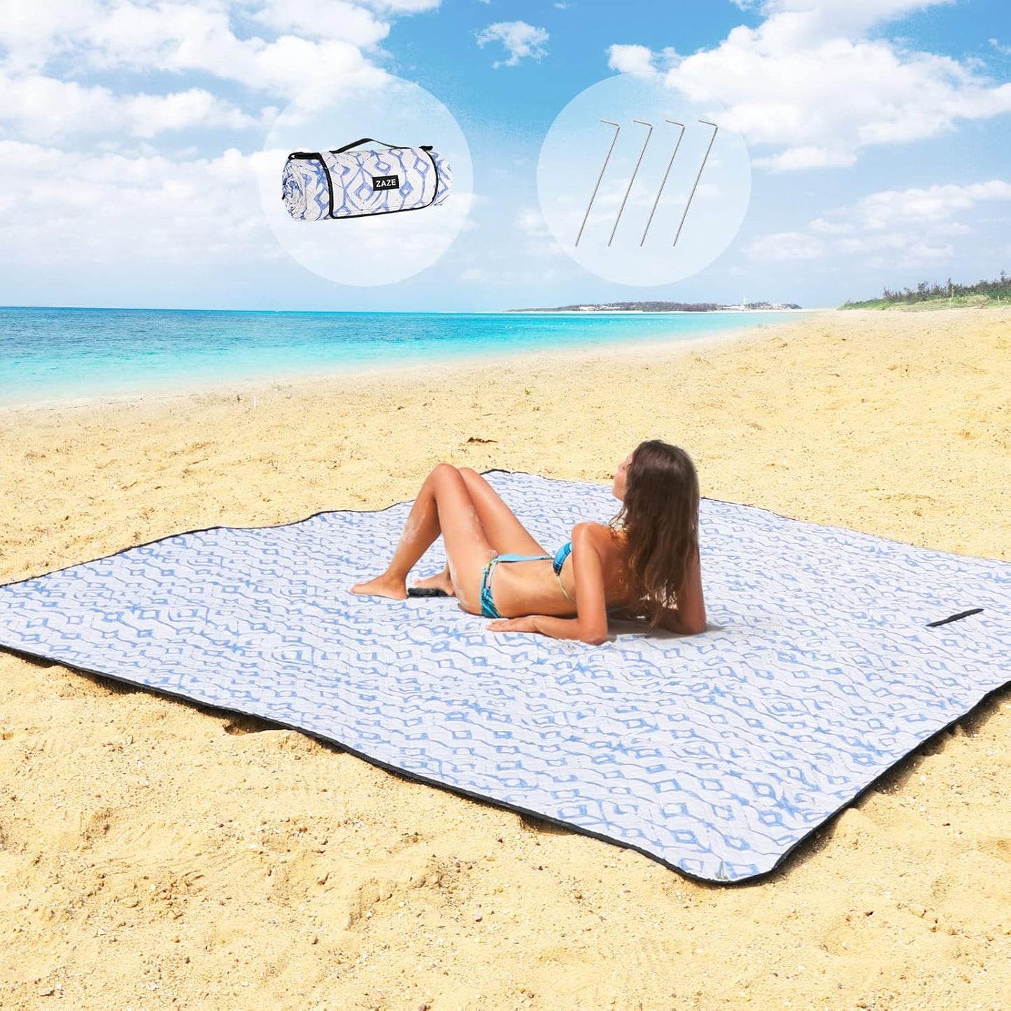 Manta playa impermeable 80x80" 3 capas azul blanco