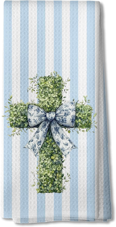 Toallas cocina chinoiserie con lazo cruz de Pascua azul y blanco