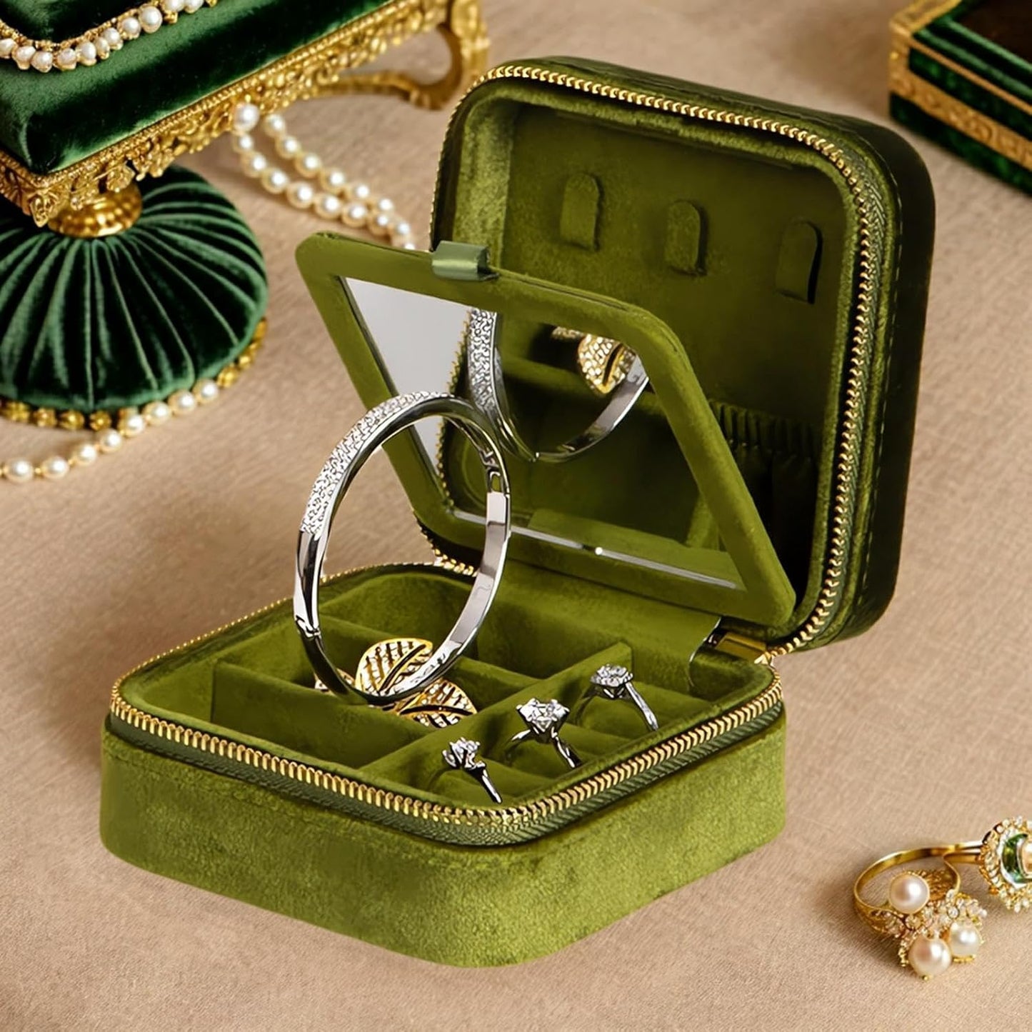 Estuche joyas viaje terciopelo con espejo verde