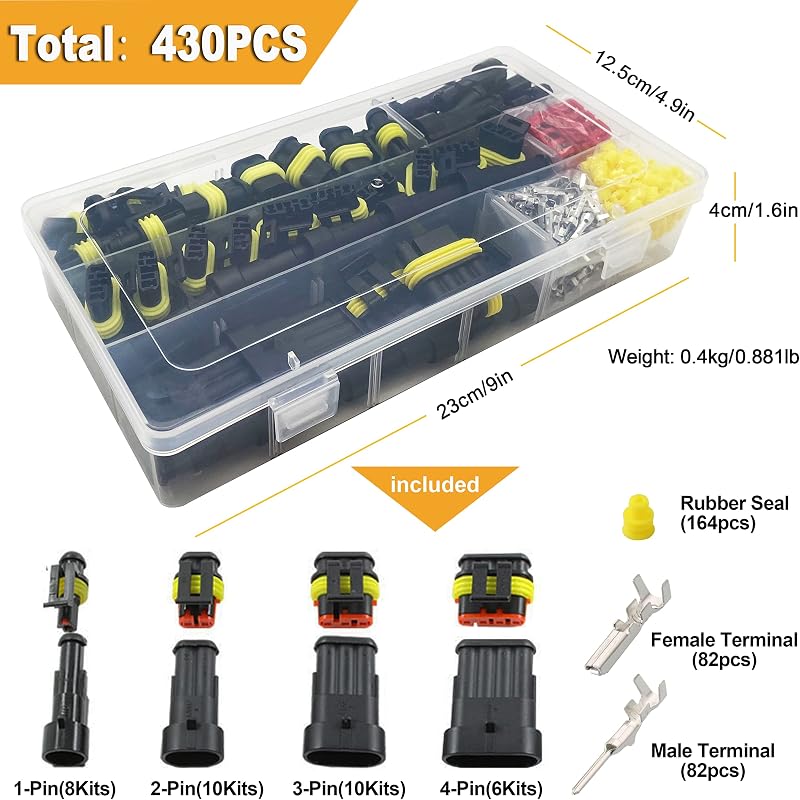 Kit 430 pzas conectores 1-4 pines impermeable coche 20-16 AWG