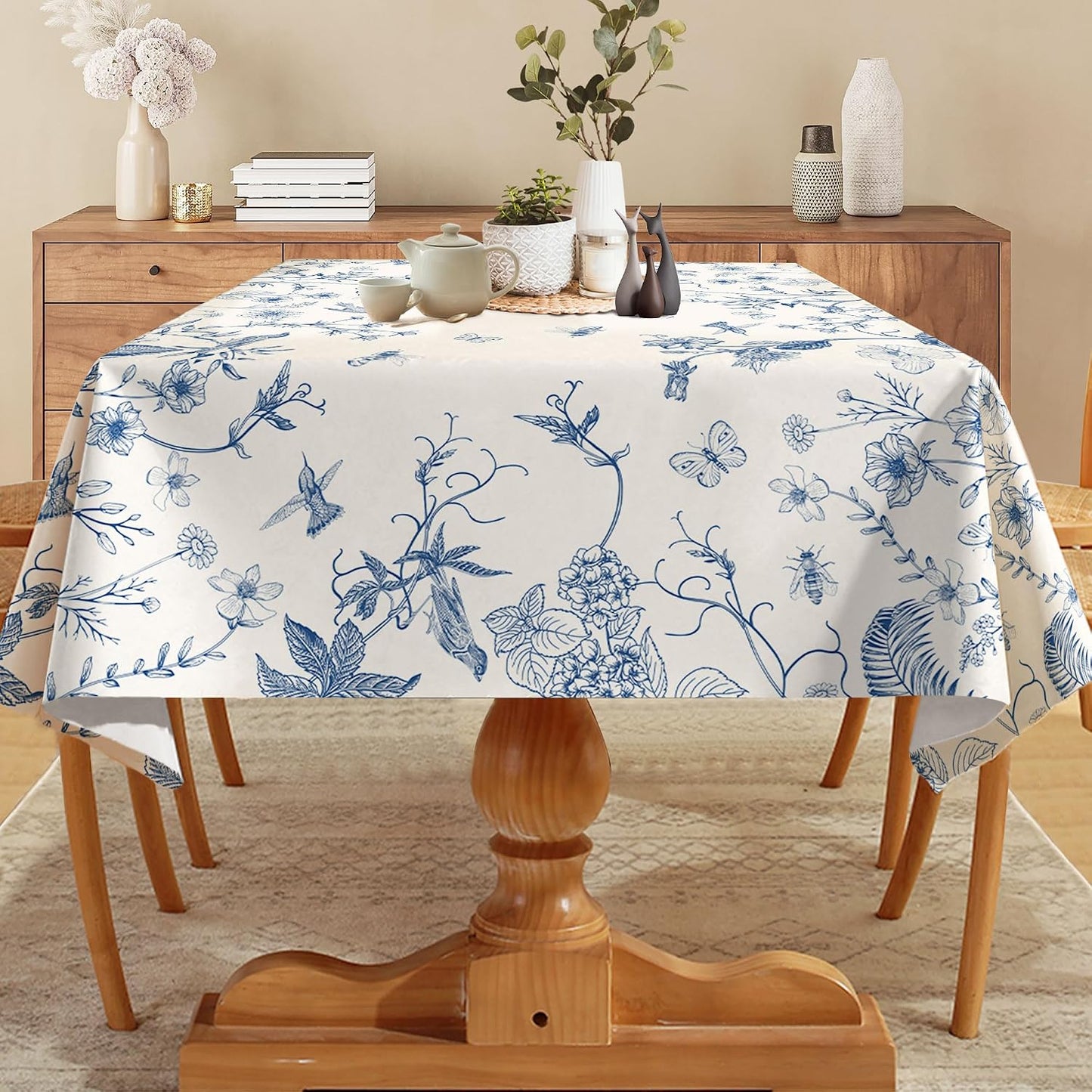 Mantel floral rectangular 60x120pulg resistente manchas azul