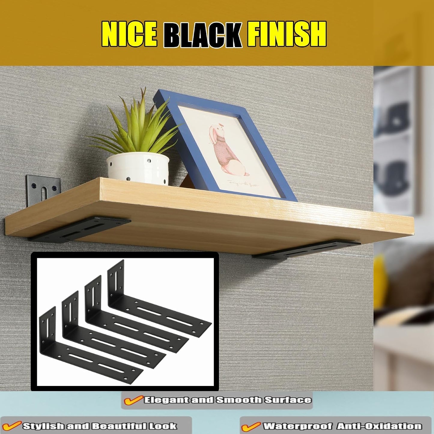 Soporte pared en L negro resistente para estantes